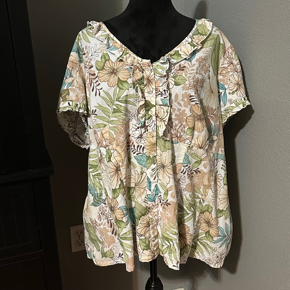 Caribbean‎ Joe Blouse 3X Floral Plus Hawaiian Resort Cotton Top Tropical Island